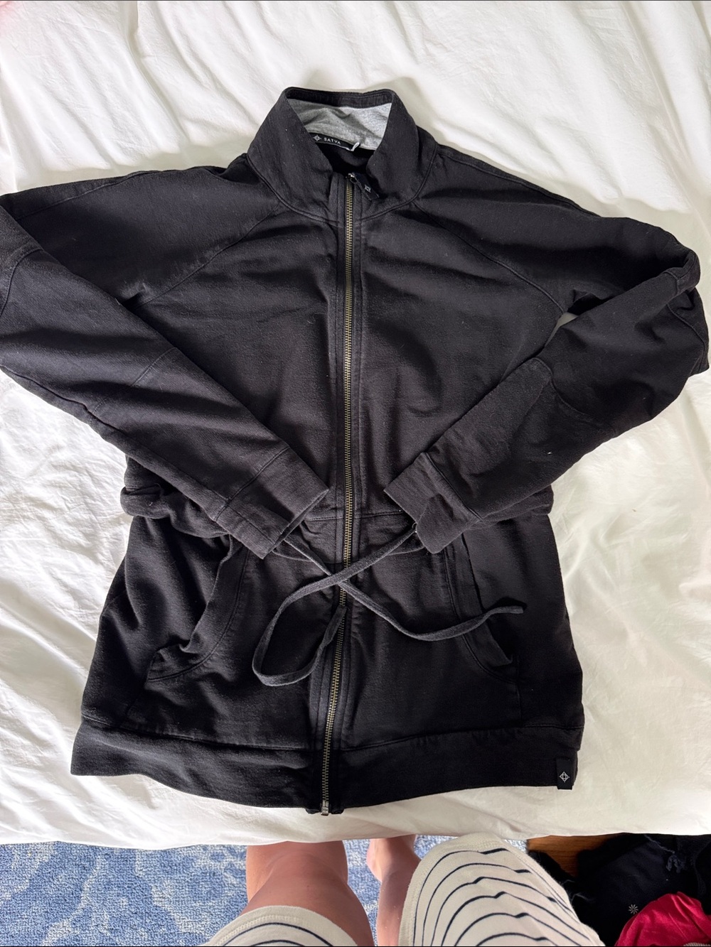 Black Women's Zip-Up Cardigan Sweater with Drawstring Waist